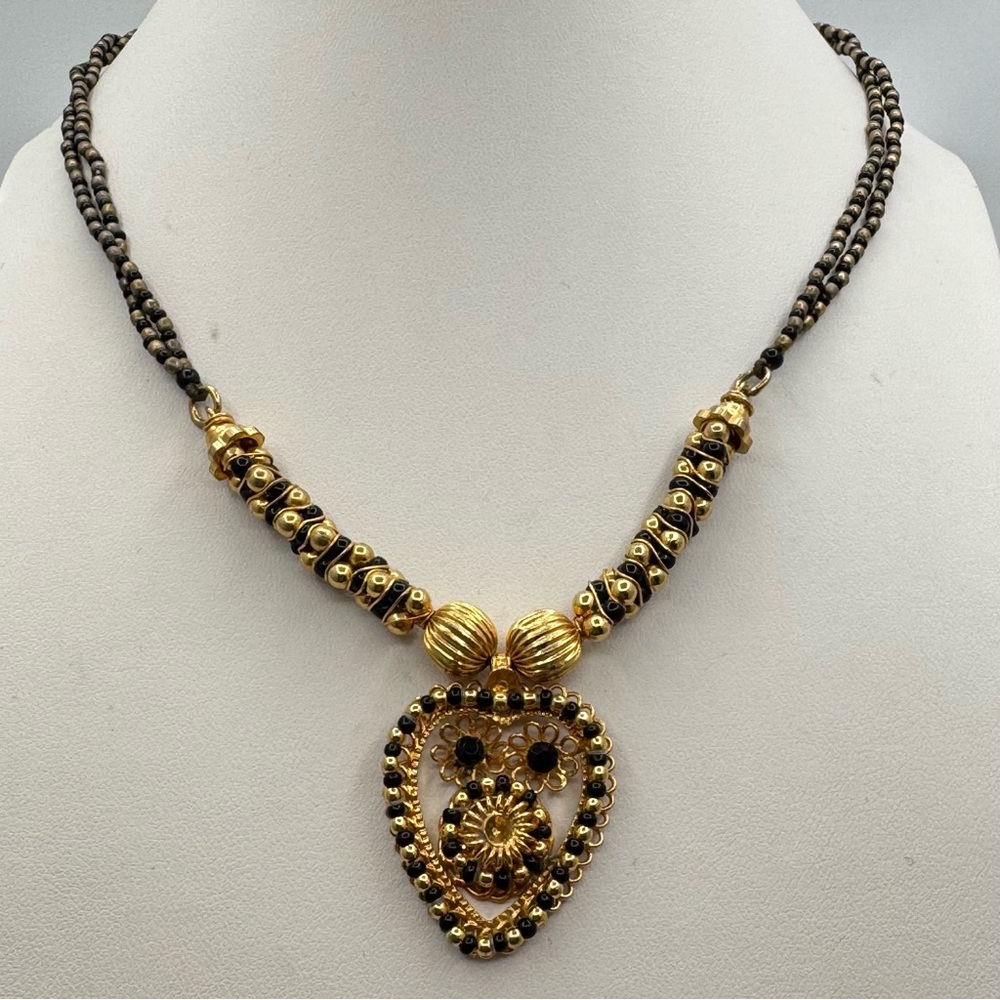 Vintage Gold Tone Black Beaded Necklace Filigree Heart Pendant